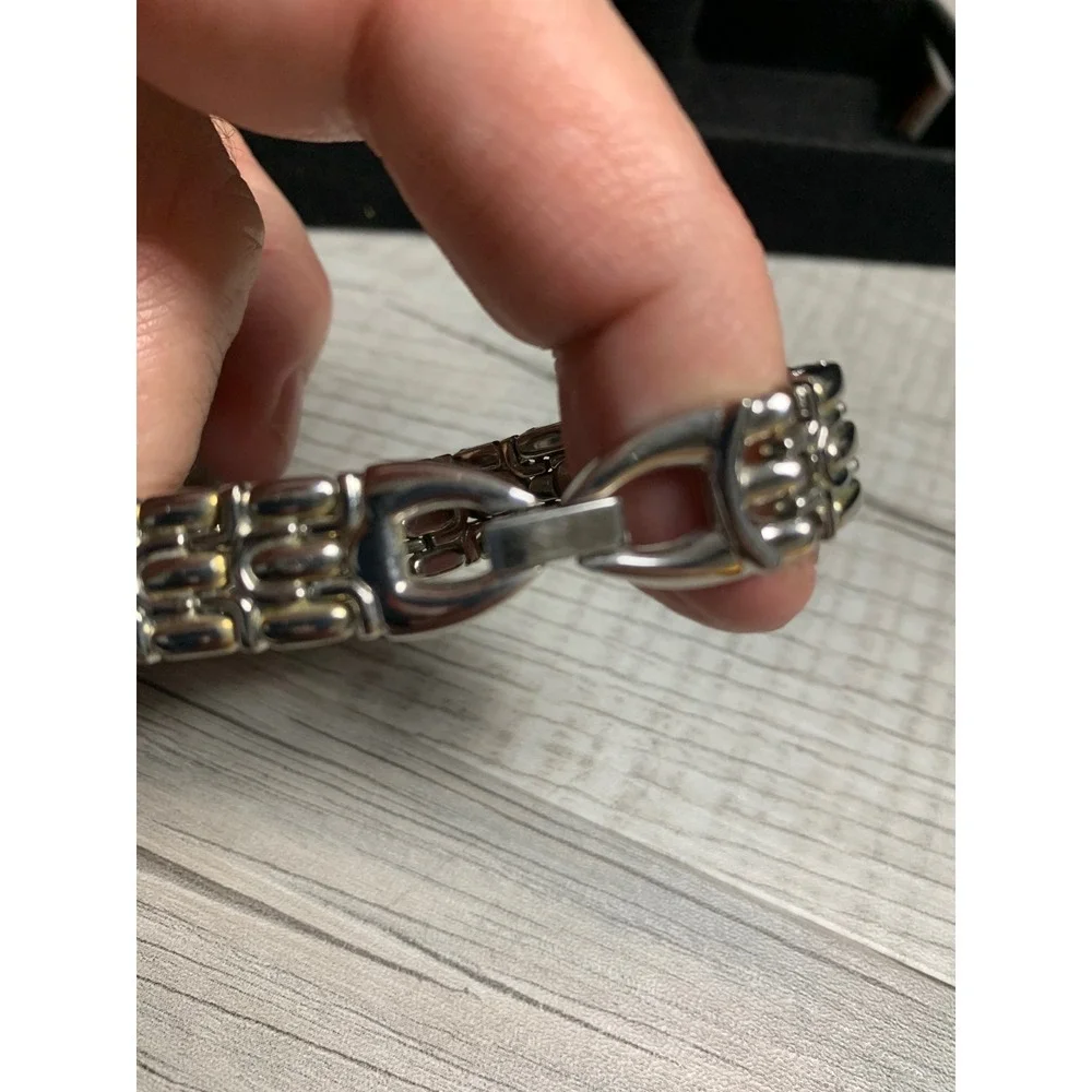 Two Tone Panther Link Bracelet Silver Gold Tone Fold Over Clasp 7 Inch Vintage